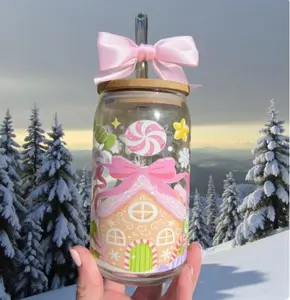 Christmas Gingerbread House Glass Can, Aesthetic Christmas Cup, Winter Wonderland Iced Coffee Glass, Christmas Gift