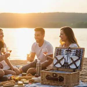 Wicker Picnic Basket for 4, Complete Family Set with Plates & Cutlery, Gingham Liner, Perfect Wedding or Housewarming Gift