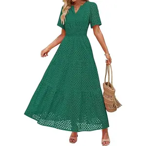 ZESICA Women's 2026 Summer Short Sleeve Maxi Dress Casual V Neck Hollow Out Eyelet Ruffle Swing A Line Long Dresses