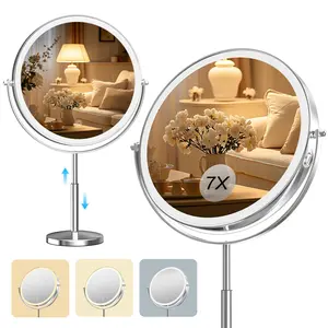 Hasipu 10-inch Lighted Makeup Mirror with Magnification Rechargeable 3000 mAh Vanity Mirror with Lights Desk Mirror with Dimmable Brightness 3 Lighting Modes Height Adjustment 360° Rotation