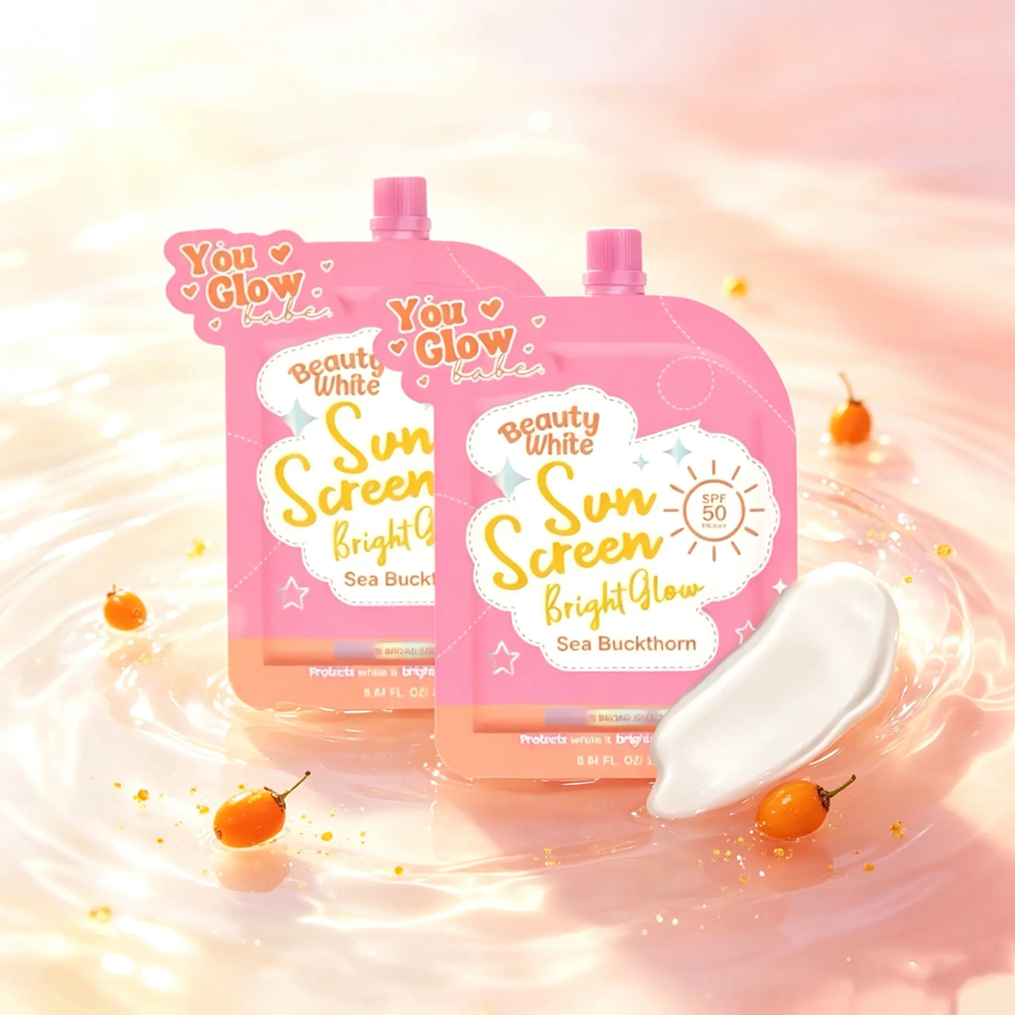 You Glow Babe Beauty White Sunscreen, Bright‑Glow Facial Sunscreen with Sea Buckthorn, SPF 50 PA+++ Broad‑Spectrum Sun Protection, Skin Brightening Lightweight Sun Lotion, Twin‑Pack 25g ×2 Sachets