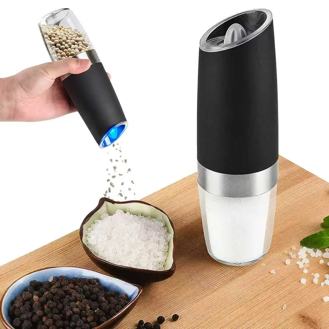 2Pack Gravity Electric Salt and Pepper Grinder set of 2 Automatic Salt And Pepper Grinder Set Adjustable Roughness Battery Powered LED Light Pack of 2 Black Kitchen Seasoning Spice Utensils