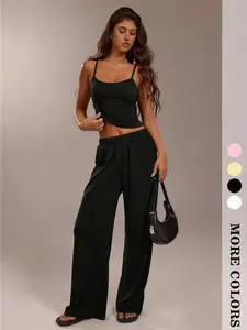 Women's Sleeveless Solid Color Tank Top and Pants Set, 2-Piece Basic Comfortable Everyday Wear, Casual Fashion Design, Loose-Fitting, All Seasons Womenswear