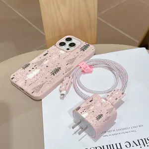 6 Piece Set Christmas Tree Phone Case, Charger Head Cover, Cable Protector, Storage Rope, Data Line Protection, Fits iPhone 6/7/8/x/11/12/13/14/15/16/17 Pro Max