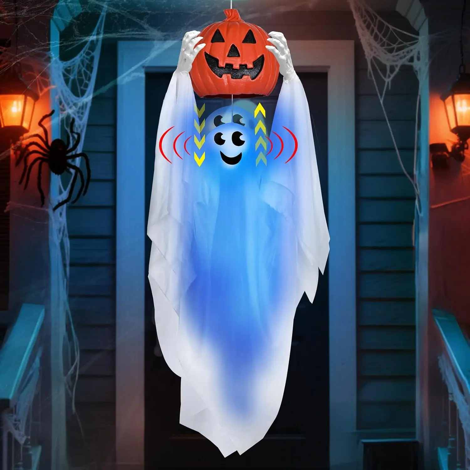Sound Activated 43" Halloween Animatronics Hanging Ghost Holding Pumpkin | Hide-and-Seek Ghost with Blue Light & Creepy Sound for Halloween Decorations Outdoor, Yard Porch Party Haunted House