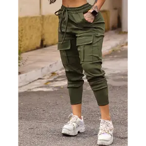 [High-Elastic Cargo Pants] Stretchy High-Elastic Women's Jogger Cargo Pants - Covered Pockets, Drawstring Waist, Solid Color Black Polyester Blend