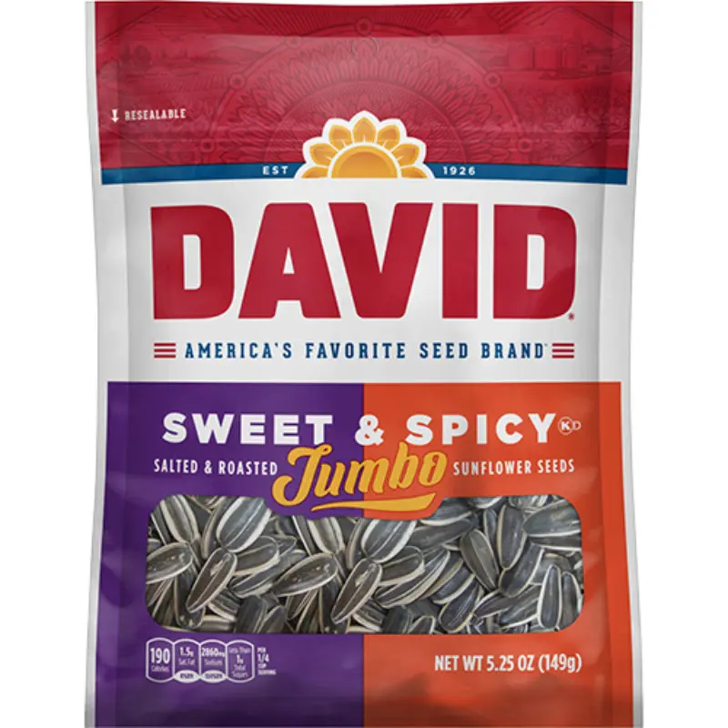 David Jumbo Sweet & Spicy Salted Roasted Sunflower Seeds Snack - 12-Pack, 5.25oz Each, US-Made, Ambient Temp Storage, Crunchy Treats, Flavorful Munchies