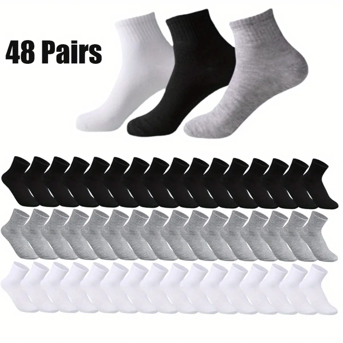 Men's Classic Plain Quarter Socks (48 Pairs Bulk) - Elastic, Breathable, Athletic Menswear Socks for Daily Wear, Tennis, Sweat-Wicking, 1-Size Shoe Fit
