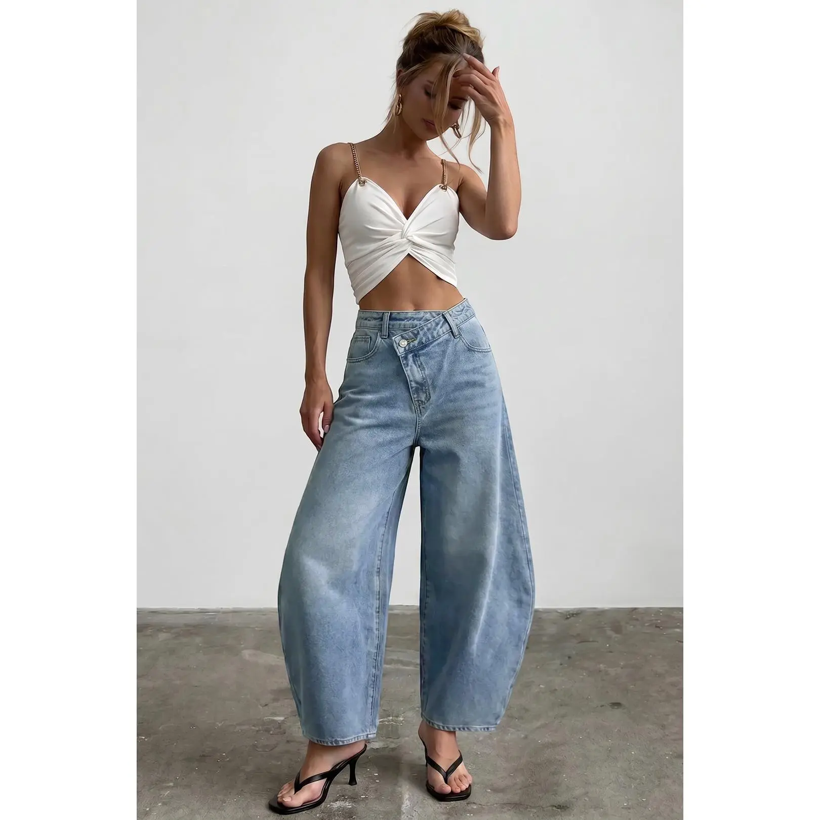 Denim Asymmetrical Button Barrel Jeans