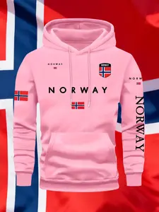 Men's Fall Winter Trendy Norway Flag Print Hoodie, Casual Fitted Pullover, Drawstring Pocket Design, Geometric Pattern, Fashionable Men's Sweatshirt, Casual Drawstring Hooded