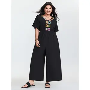 BLOOMCHIC Plus Size Boho Outfits Rayon Loose-Fitting Jumpsuit - Colorful Crochet Neckline, Plain Design, Sizes, [M-6X]2026 Summer Vibes