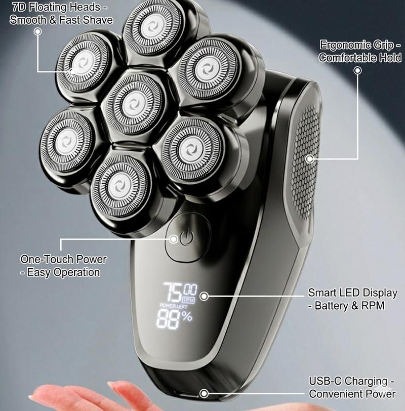 FLITOK Electric Head & Face Shaver for Bald Men 6-in-1 Waterproof IPX7 7D Magnetic Razor Type-C Fast Charge LCD Screen Nose Trimmer & Face Brush Kit Travel Ready