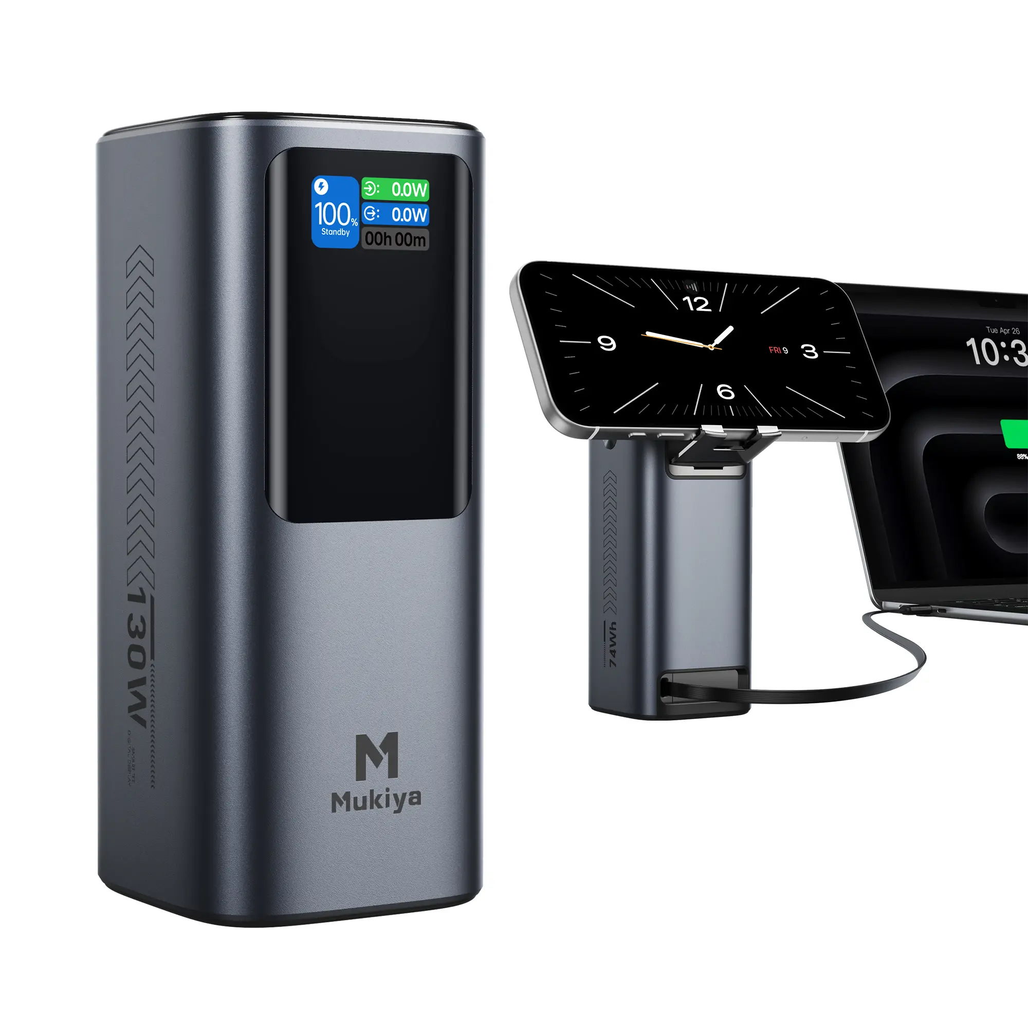Mukiya Laptop Power Bank 20000mAh 130W High Output, 70cm Retractable USB-C Cable, TFT Smart Display, Phone Stand, Multi Device Charging for Laptop Phone Pad Earbuds, for Work Home Travel, Airline Approved