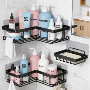 Corner Adhesive Shower Caddy, with Soap Holder & Hooks, Rustproof Stainless Steel Bathroom Organizer, No Drilling Wall Mounted Rack, Black, 3-Pack
