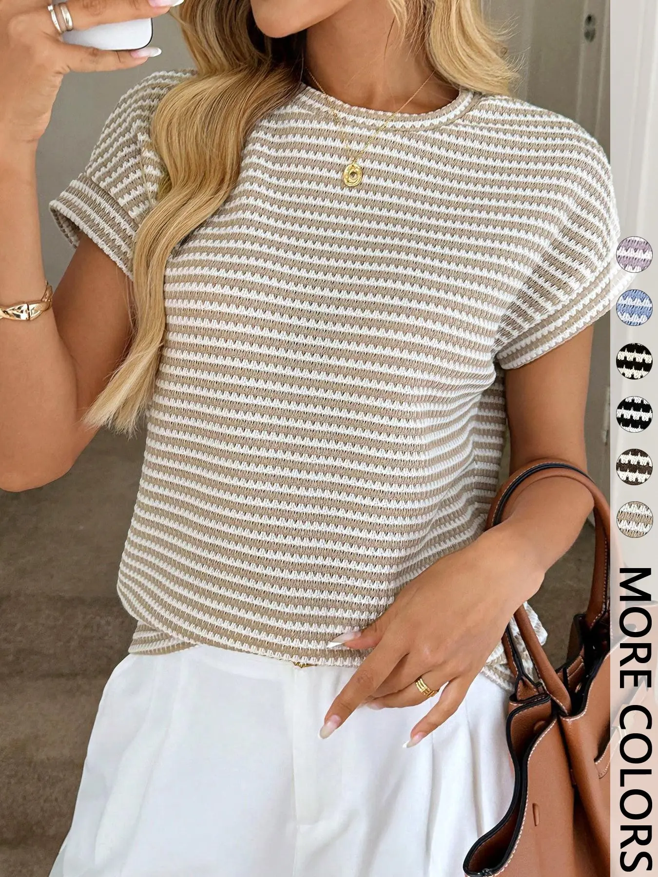 Women's Striped Waffle Knit T-Shirt, Womenswear, Crew Neck, Drop Shoulder Short Sleeve, Soft Stretch Fabric, Casual Daily, Vacation & Summer Wear, Basic Minimalist Chic Style, Casual Basic Top