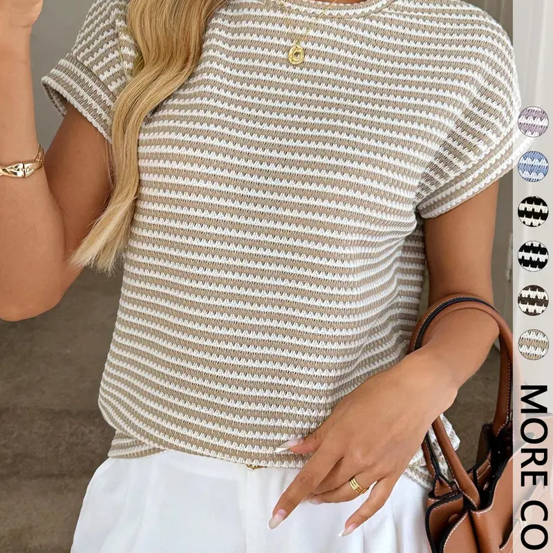Women's Striped Waffle Knit T-Shirt, Womenswear, Crew Neck, Drop Shoulder Short Sleeve, Soft Stretch Fabric, Casual Daily, Vacation & Summer Wear, Basic Minimalist Chic Style, Casual Basic Top