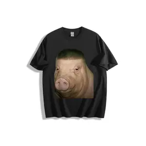 Surreal Pig Head with Human Short Dark Hair on Top, Smiling Expression, Wrinkled Snout, Textured Red Background Printed T-Shirt - Funny Animal-Human Hybrid Graphic Tee, Casual Crew Neck,