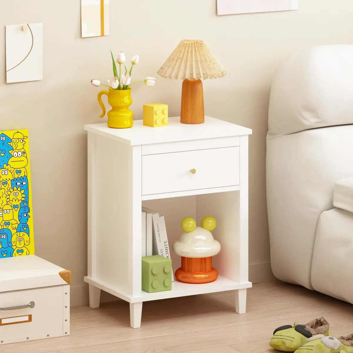 Child-Friendly Contemporary Flat-Top Bedside Table for Kids - White MDF Assembled Nightstand with Aluminum Handle, Drawer-Equipped Storage, Open Shelf, Anti-Tip Device for Bedroom, Assembled Bedside Tables, Drawer-Equipped Bedside Tables