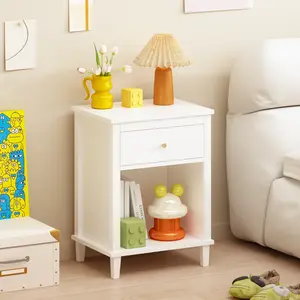 Kids Nightstand with Drawer and Open Shelf, White MDF Bedside Table with Aluminum Handle, Compact Storage Cabinet for Bedroom, Includes Anti-Tip Device
