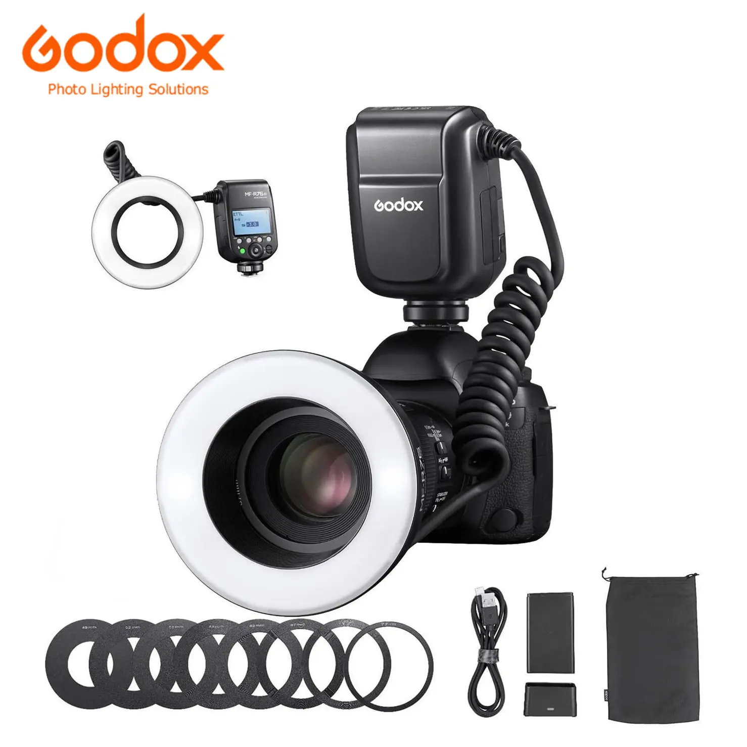 Godox MF-R76 LED Micro Ring Flash with LCD Display Adapter Rings for Canon Sony Nikon Fuji Olympus Panasonic Pentax Camera Flash Speedlight Speedlite Light