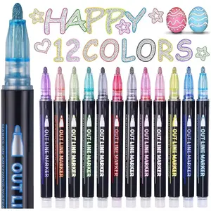 12 Colors Double Line Outline Markers, Shimmer Markers Self Out-line Metallic Glitter Marker Pen Set for Scrapbook Drawing Birthday Greeting Cards Journal DIY Art Crafts12