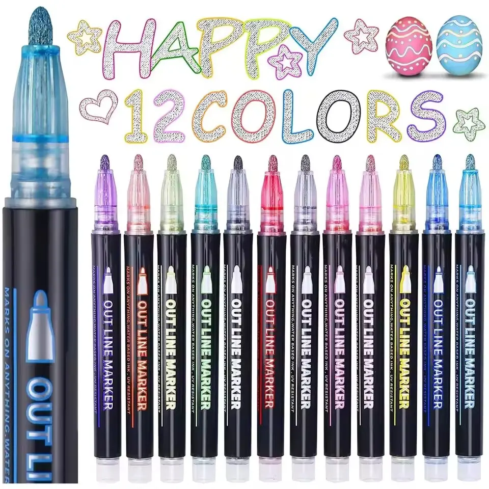 12 Colors Double Line Outline Markers, Shimmer Markers Self Out-line Metallic Glitter Marker Pen Set for Scrapbook Drawing Birthday Greeting Cards Journal DIY Art Crafts12