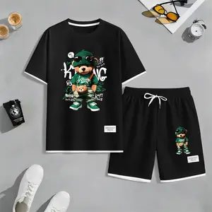 Men's Street Cool Bear Print Waffle Fabric Short-Sleeved Shirt And Shorts Set