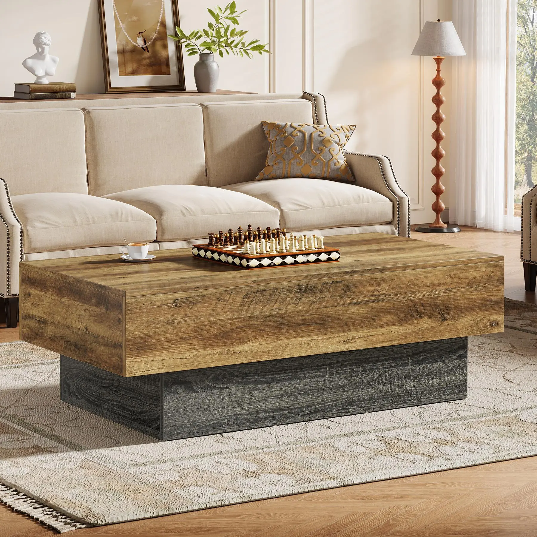 TRIBEWOOD Farmhouse Wood Coffee Table, 55-Inch Rectangle Large Tea Table with Grey Base, Vintage Center Table for Living Room, Reception Area of Office