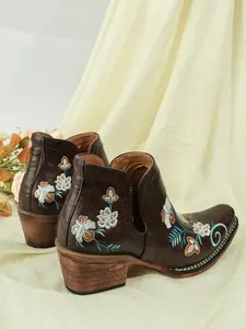 Classic Western Cowboy Boots, Floral Embroidery, Coffee Colors, Retro Boho Style, PU Leather, All Seasons