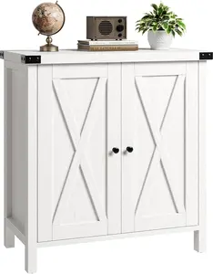 White Farmhouse Kitchen Storage Cabinet, Sideboard Buffet with Adjustable Shelves, Barn Doors - Rustic Modern Coffee Bar and Kitchen Organizer