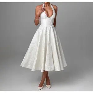 Elegant V-Neck Jacquard Halter Neck Long Dress — High-End Spring/Summer Evening Gown, Sleeveless, Backless, Waist-Cinching, Floral Backless Mini Dress