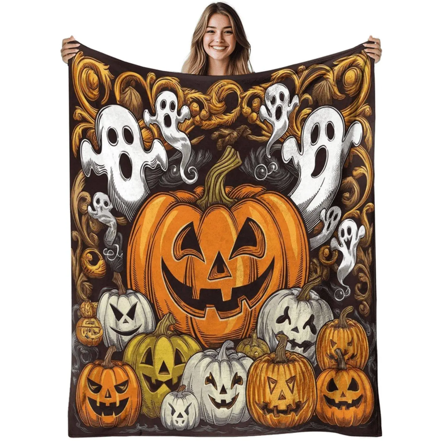1pc Extra Large Flannel Throw Blanket - Spooky Pumpkin & Ghosts Design in Orange, Black, Brown, White, Beige - Heavyweight 280GSM All-Season Soft Bedspread for Couch, Living Room, Fall & Halloween Decorations - Machine Washable Co