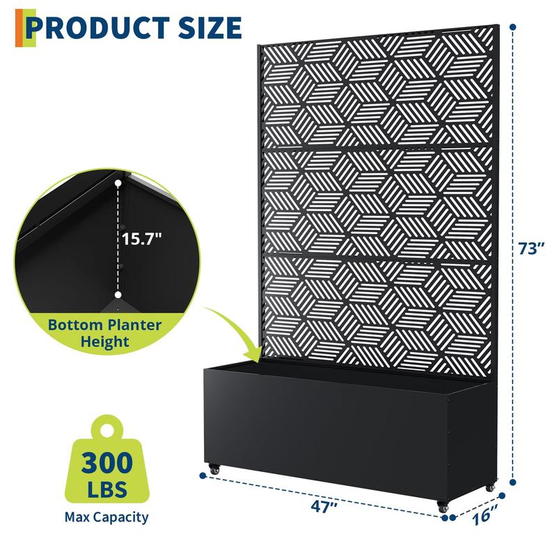 Garvee Joanakren Metal Planter Box with Trellis and Wheels, 71"Raised Garden Bed for Climbing Plants, Vegetables, Vines, Privacy Planters for Patio with Drainage Holes, 15.7" Deep Planting Bed（Antique Black）