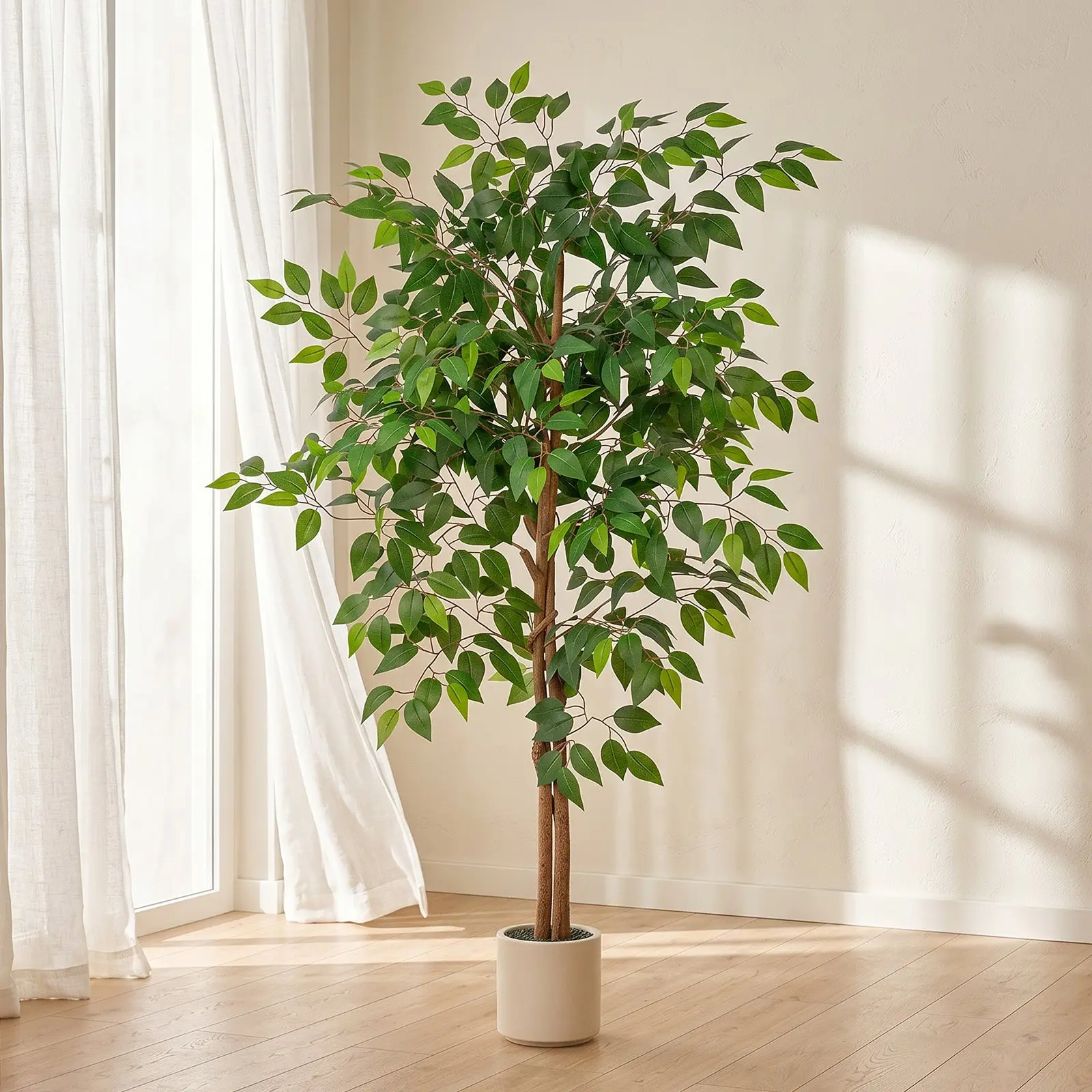 Romswi 5FT 6FT Artificial Ficus Tree with White Planter, Realistic Leaves, Natural Wood Trunk, Faux Greenry Plant, Indoor Home Office Decor