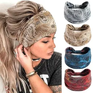 Women's Fashion Paisley Pattern Headscarf Set, Floral Wide Scarves, Thick African Yoga Sweatband, Non-Slip Sports Hair Tie, Training Headband, Workout Headband