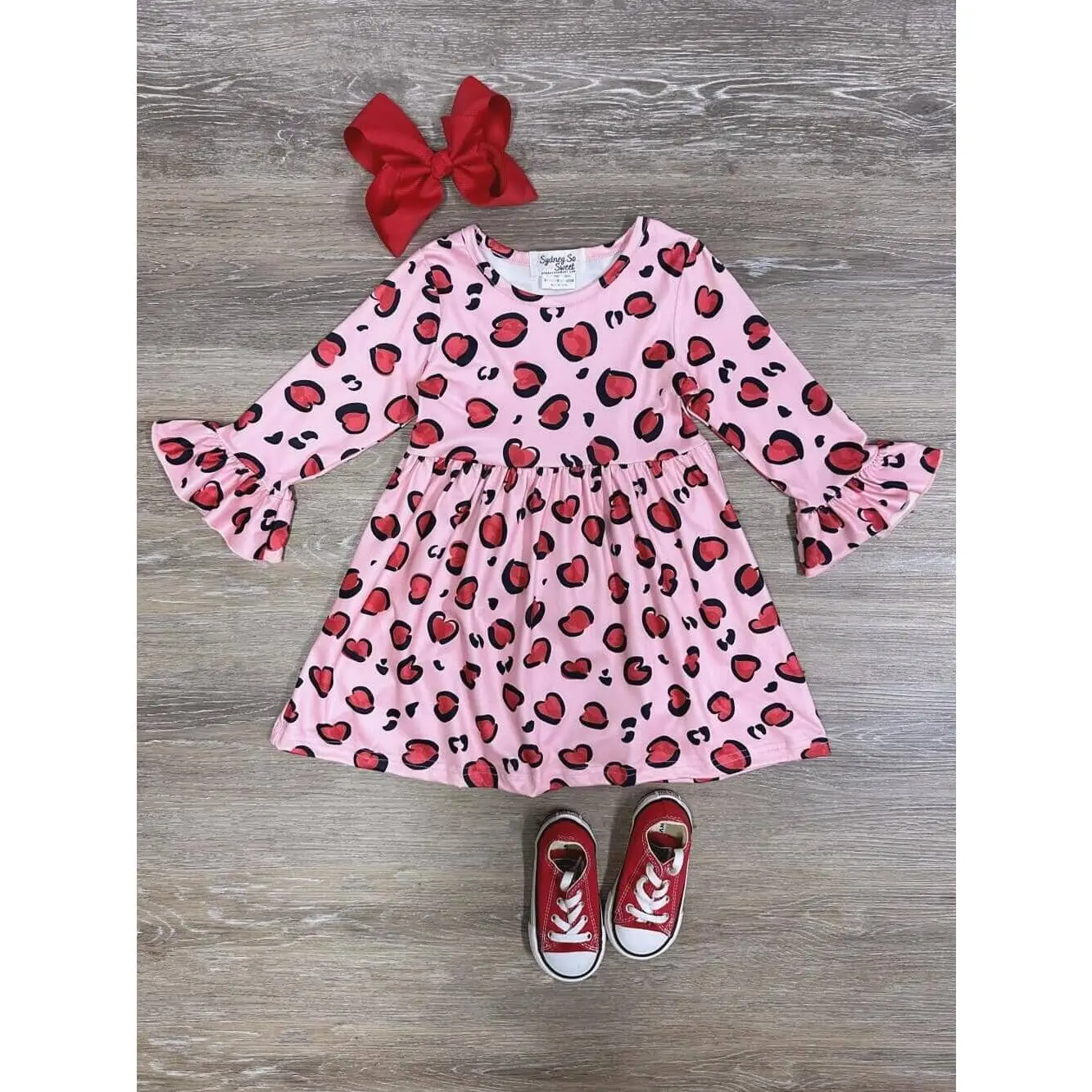 Leopard Loving Pink and Red Heart Ruffle Flare Long Sleeve Cheetah Animal Print Girls or Toddler Valentine's Day Dress