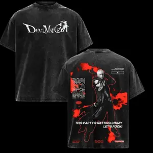 "THIS PARTY'S GETTING CRAZY" Devil May Cry Men's Washed Short Sleeved Top Unisex Tee Gamer Gift Menswear Game Graphic Tee Vintage Cotton Fabric Fall Outfits Y