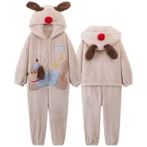 Matching Couple's Thick Coral Fleece Long-Sleeve Pajama Onesies, Plus-Size Autumn-Winter Women's Lady Fit Long-Sleeve Ankle Pants, Men's Cold-Weather Home Wear