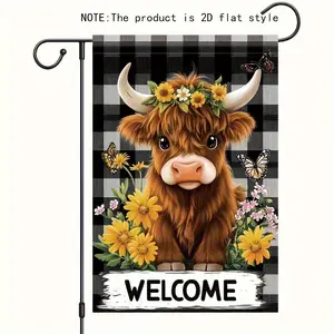 Highland Cow Welcome Garden Flag- Double-Sided Polyester, Black and White Plaid, Featuring Sunflower, Butterfly, and Quirky Cow Patterns, Outdoor Lawn and Patio Decoration, Outdoor Decor| Optimistic Design| Durable Outdoor Flag, No Flagpole, 12x18Inch