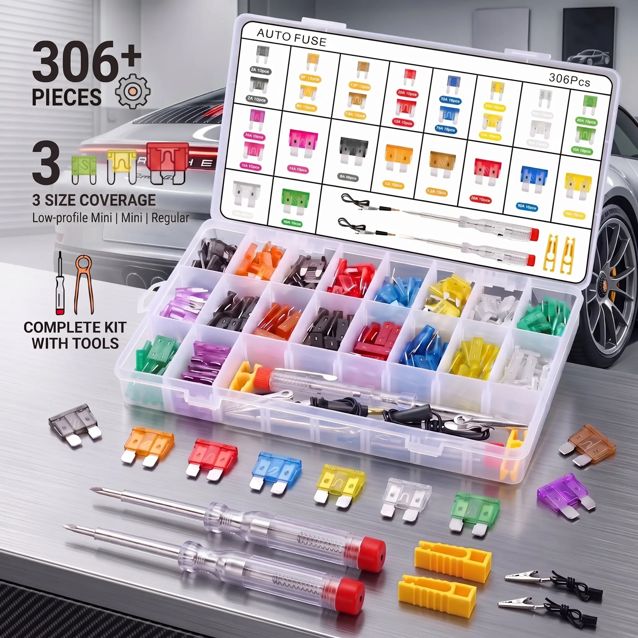 306PCS Car Blade Fuses Kit with Circuit Tester & Storage Case - Auto Fuse Assortment for Car, Truck, Motorcycle