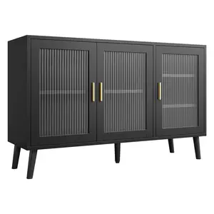 Modern Fluted Glass Sideboard Buffet Cabinet with Storage - 48 Inch Dining Room Console - Versatile for Kitchen, Living Room, TV Stand or Coffee Bar - Mid Century Accent Furniture