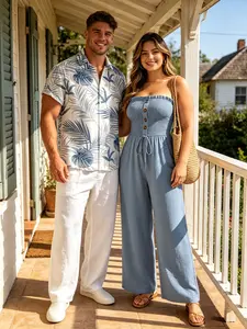 Tropical Getaway Couple Matching Set– Women's Ruffle Off Shoulder Wide Leg Jumpsuit & Men's Botanical Leaf Print Button Up Shirt