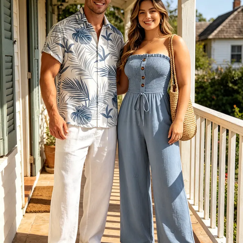 Tropical Getaway Couple Matching Set– Women's Ruffle Off Shoulder Wide Leg Jumpsuit & Men's Botanical Leaf Print Button Up Shirt