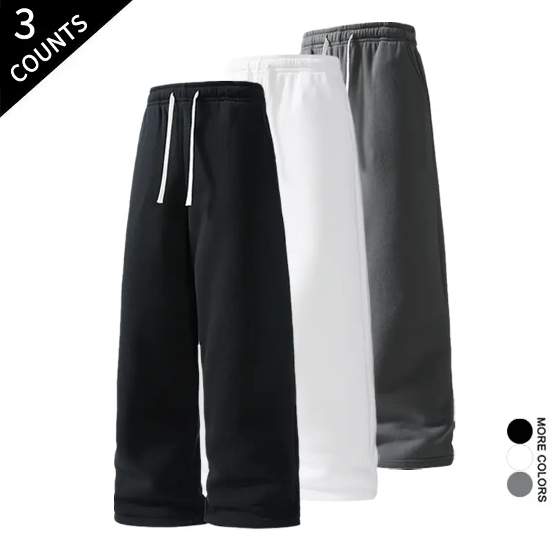 Men's Soft Fabric Casual Sweatpants 3-Pack - Straight Leg, Baggy Loose Fit, Elastic Waist Drawstring Trousers with Pockets