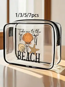 Waterproof PVC Beach Bag with Seashell & Starfish Decor, Fashionable All-Over Print Toiletry Bag, Lightweight Travel Organizer for Men & Women