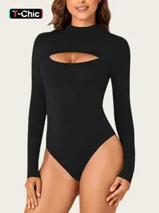 1 Count Women's Solid Color Jumpsuit, Round Neck Cutout Front Long Sleeve Fitted Loungewear Bodysuit, Casual Comfy Basic Tops, Y2K Ladies Clothes, Cute Tee, Comfortable Shirts，Underwear, Suitable for Parties and Leisure Out Fashion Wear