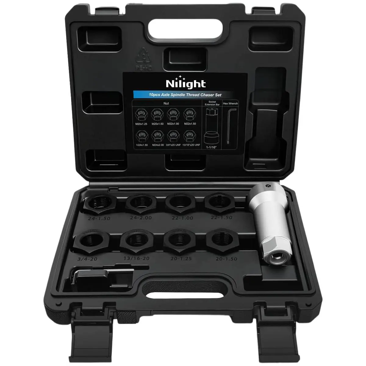 Nilight 10PCS Metric & UNF Axle Spindle Thread Chaser Set, Wheel Stud Rethreading Repair Tool Kit with Case, 8 Dies, 1x Socket Extension Bar, 1x Hex Wrench, M20-M22-M24 Sizes, 13/16"x20 UNF Nuts, Automotive Specialty Mechanic Tool