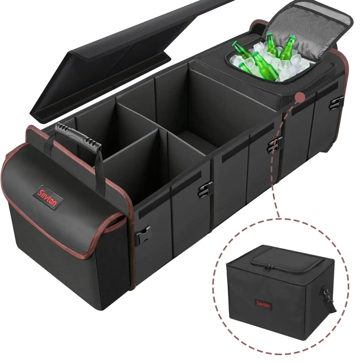 Siivton Car Trunk Organizer, 115L Collapsible SUV Organizer, Collapsible Large Storage Box with Cooler Bag for Cars, Black