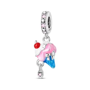925 Sterling Silver AAA CZ Ice Cream Dangle Charm For European Bracelets