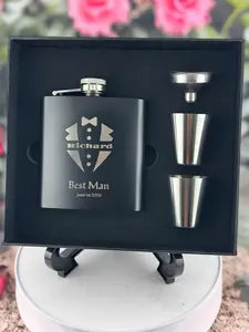 Personalized 6oz Matte Black Stainless Steel Flask Gift Set Engraved Best Man with 2 Shot Glasses & Funnel Classic Tuxedo Design Wedding Party Keepsake - Drinkware